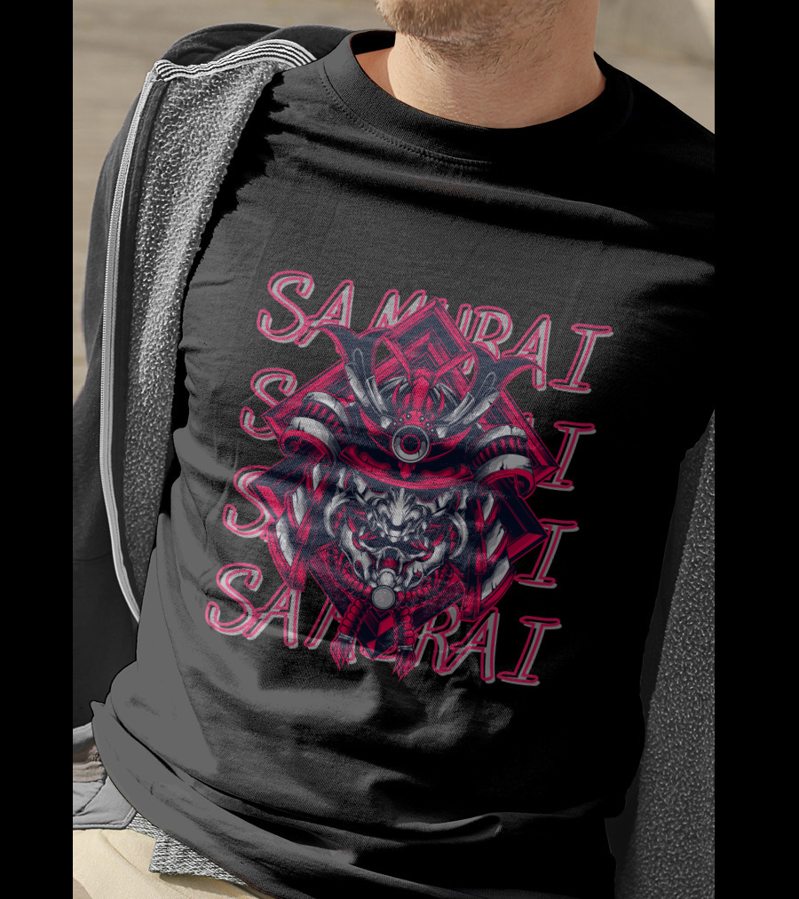 Samurai Warrior Mask With Repeated Samurai Text T-Shirt