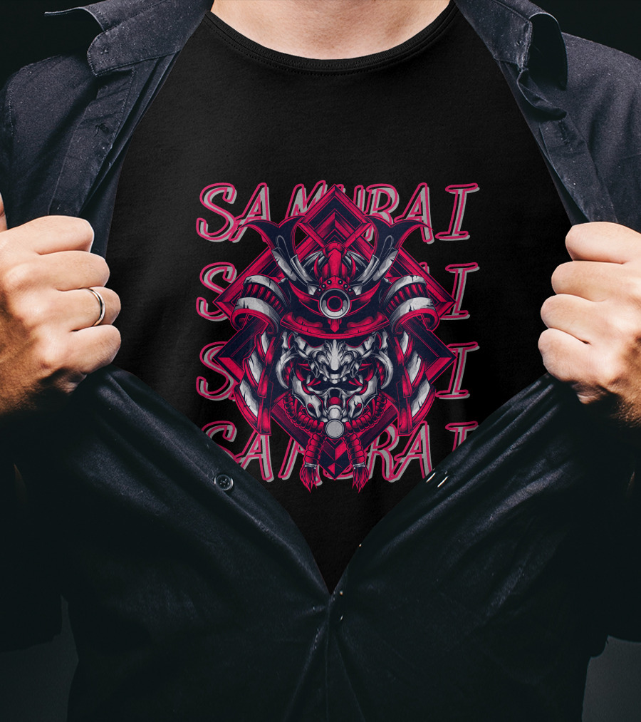 Samurai Warrior Mask With Repeated Samurai Text T-Shirt