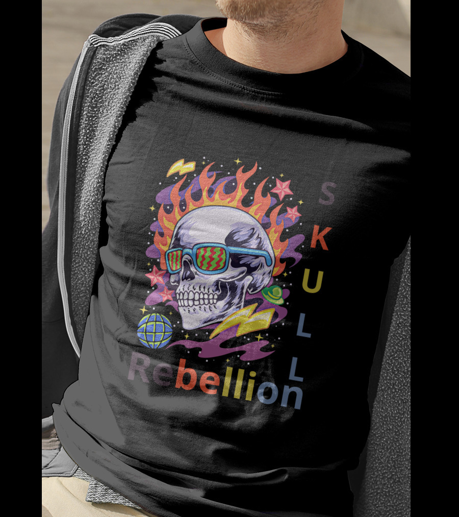 Rebellion Skull With Fiery Sunglasses And Cosmic Elements T-Shirt