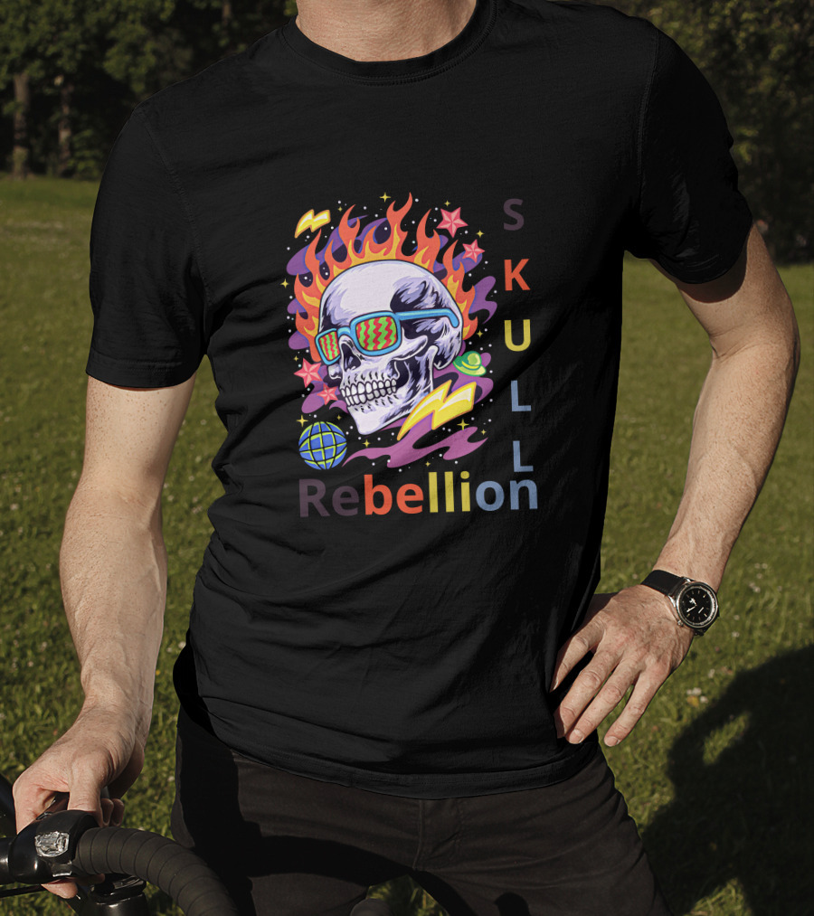 Rebellion Skull With Fiery Sunglasses And Cosmic Elements T-Shirt