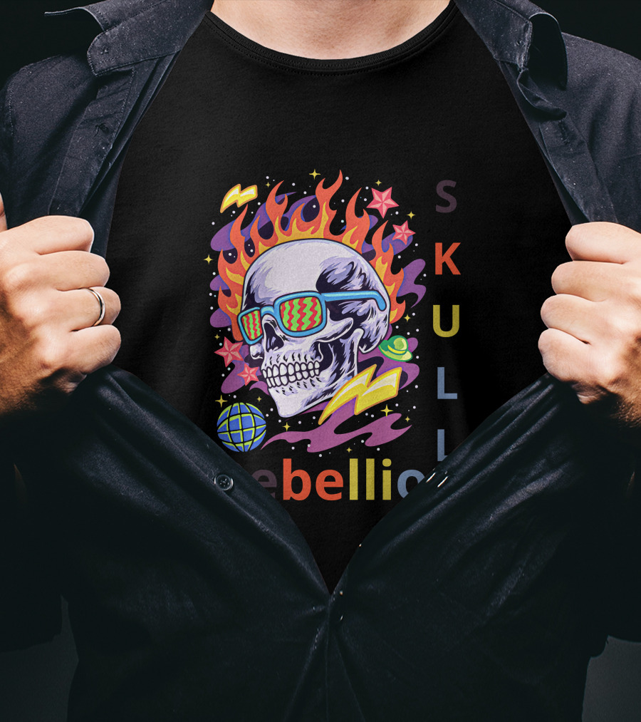 Rebellion Skull With Fiery Sunglasses And Cosmic Elements T-Shirt