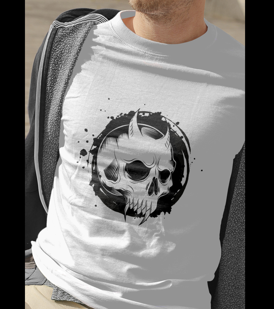 Demon Skull Horned Black Ink Splatter T-Shirt