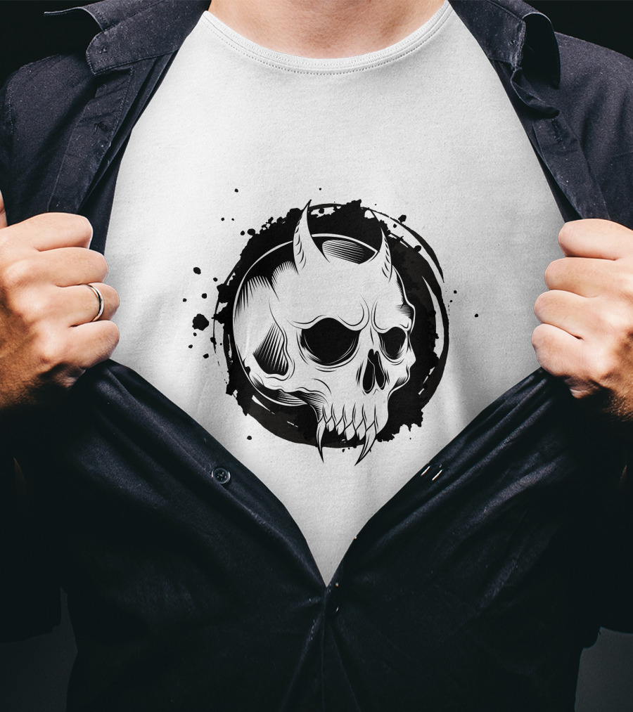Demon Skull Horned Black Ink Splatter T-Shirt
