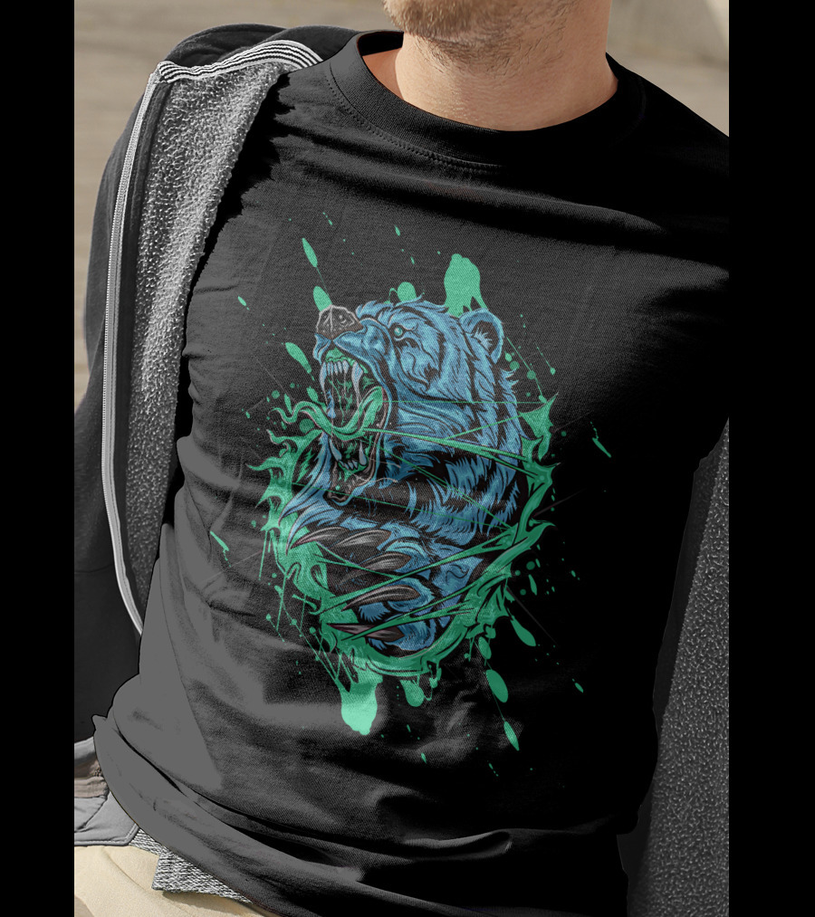 Angry Bear Roaring In Dynamic Teal And Black Paint Splash T-Shirt