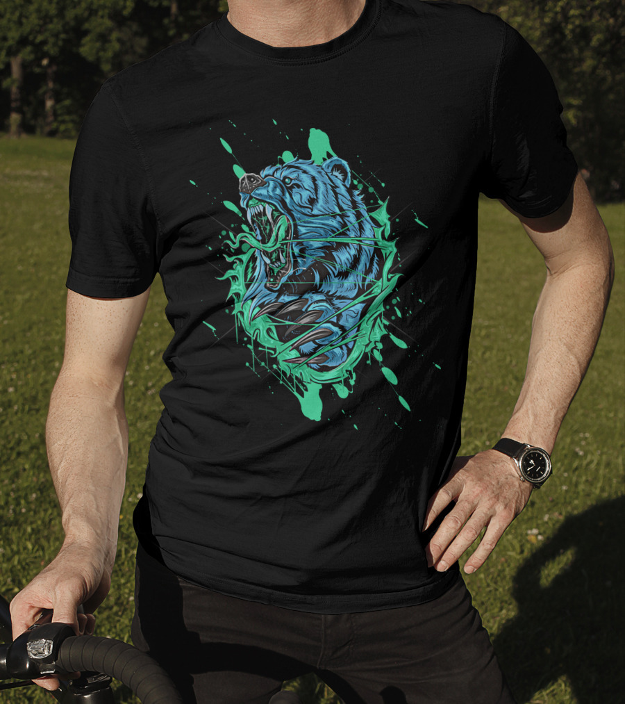 Angry Bear Roaring In Dynamic Teal And Black Paint Splash T-Shirt