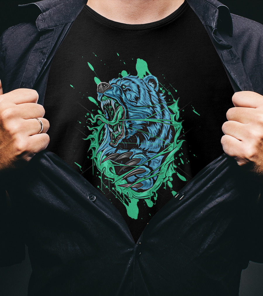 Angry Bear Roaring In Dynamic Teal And Black Paint Splash T-Shirt
