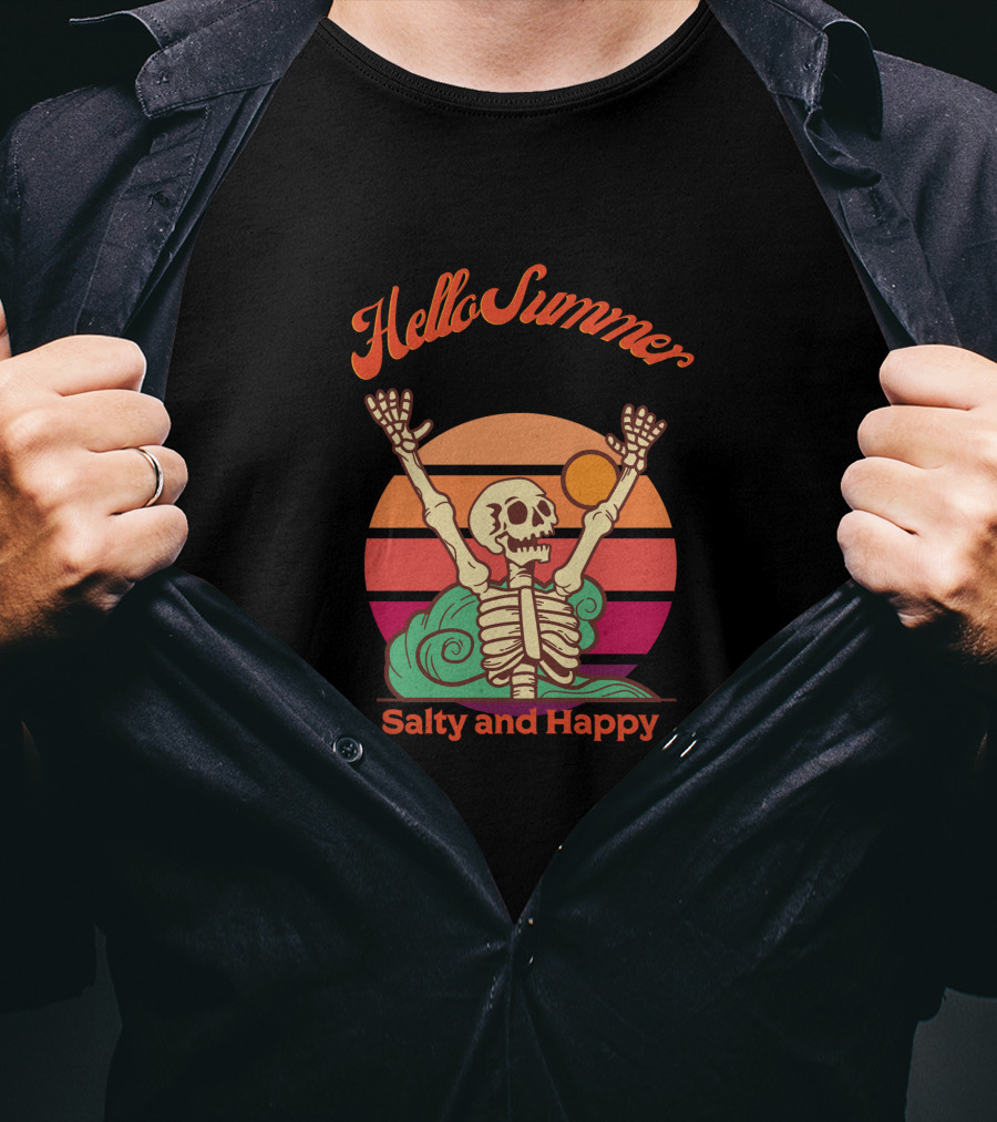 Hello Summer Salty And Happy Skeleton Sunset T-Shirt