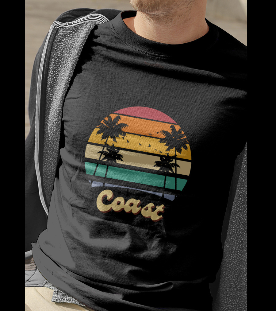 Coast Vintage Sunset Palm Trees Birds T-Shirt
