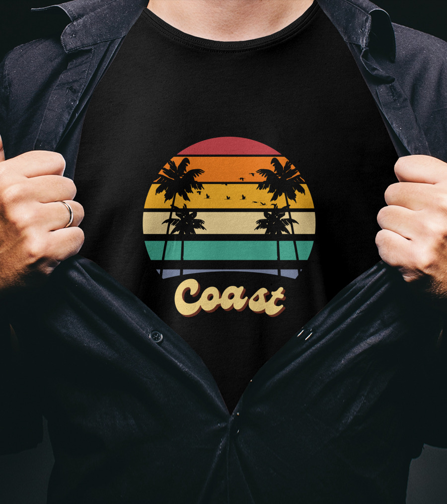 Coast Vintage Sunset Palm Trees Birds T-Shirt