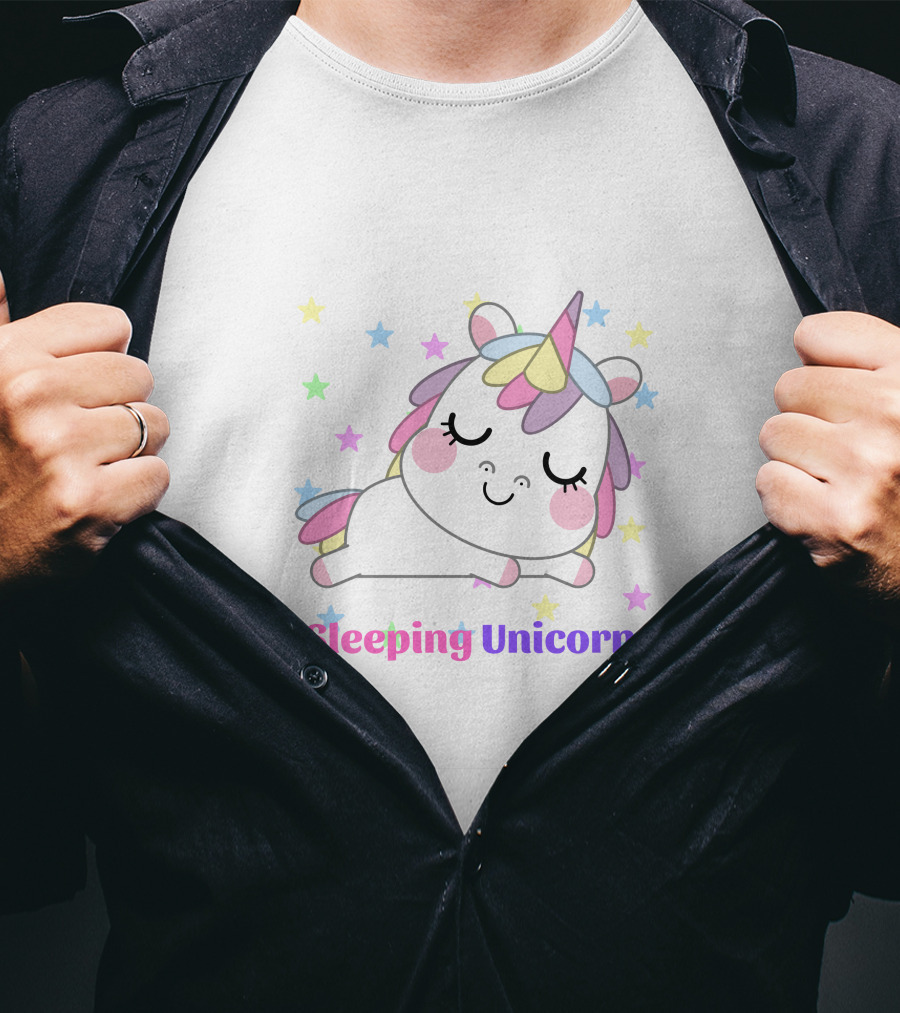Sleeping Unicorn Rainbow Stars Cute Pastel Colors T-Shirt