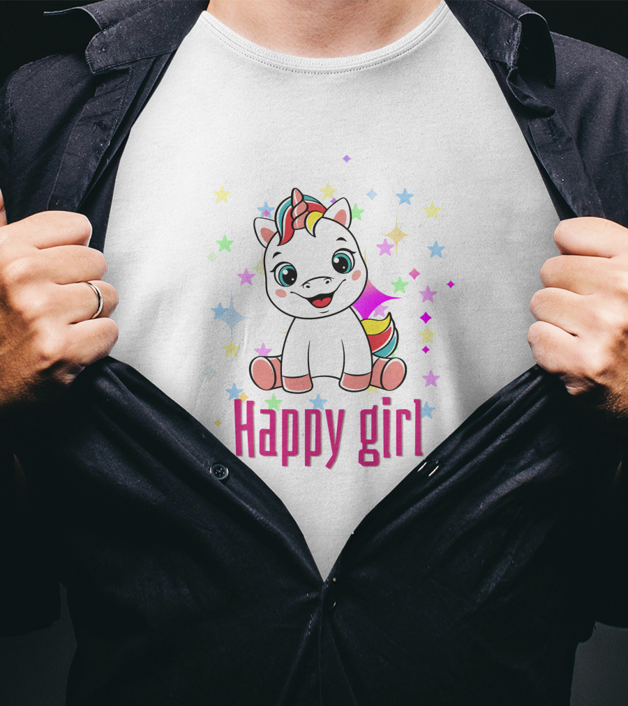 Happy Girl Colorful Unicorn Surrounded By Stars T-Shirt