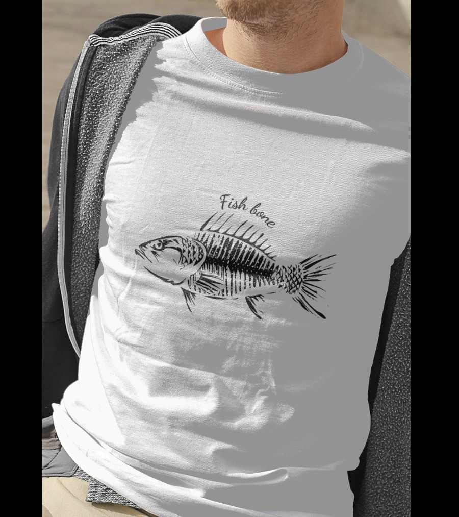 Fish Bone Hand-Drawn Sketch With Text Detailing T-Shirt