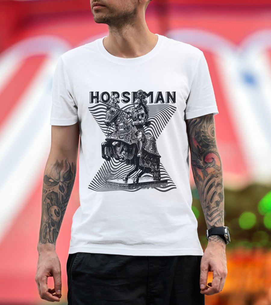 Horseman Knight on Armored Steed with Wavy Line Background T-Shirt