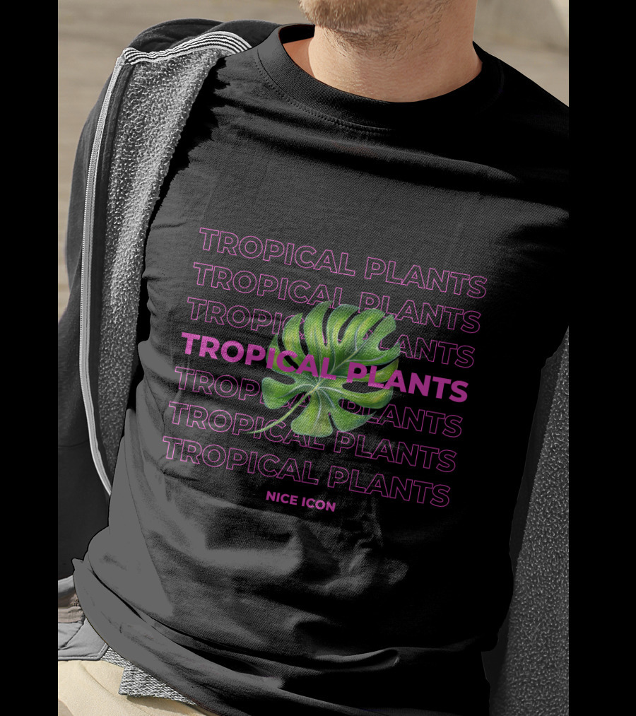 Tropical Plants Nice Icon Monstera Leaf Repeated Text T-Shirt