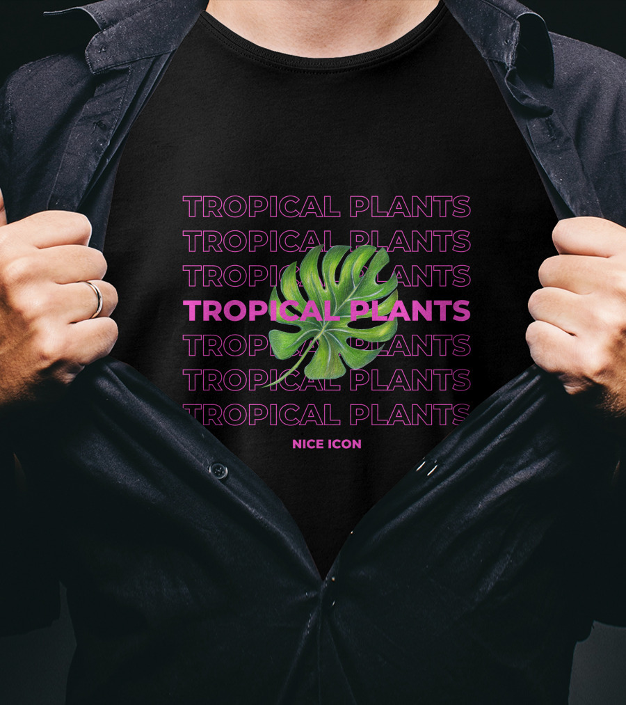 Tropical Plants Nice Icon Monstera Leaf Repeated Text T-Shirt