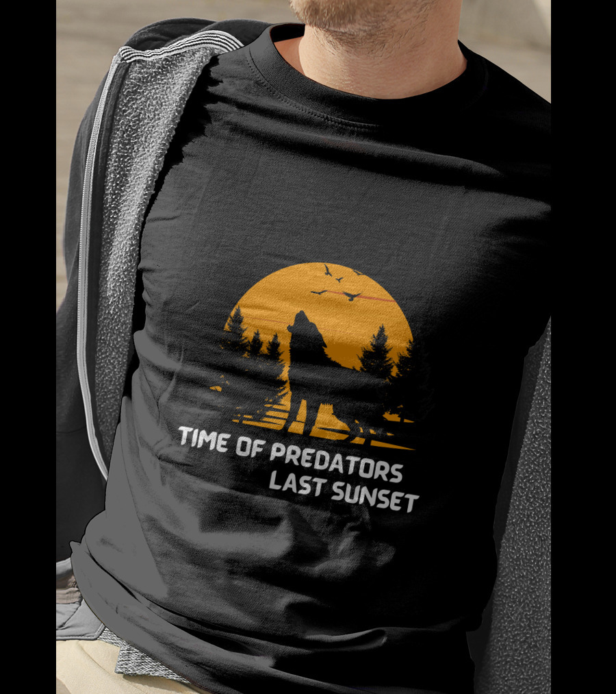 Time Of Predators Last Sunset Wolf Silhouette Against Orange Sky With Trees And Birds T-Shirt