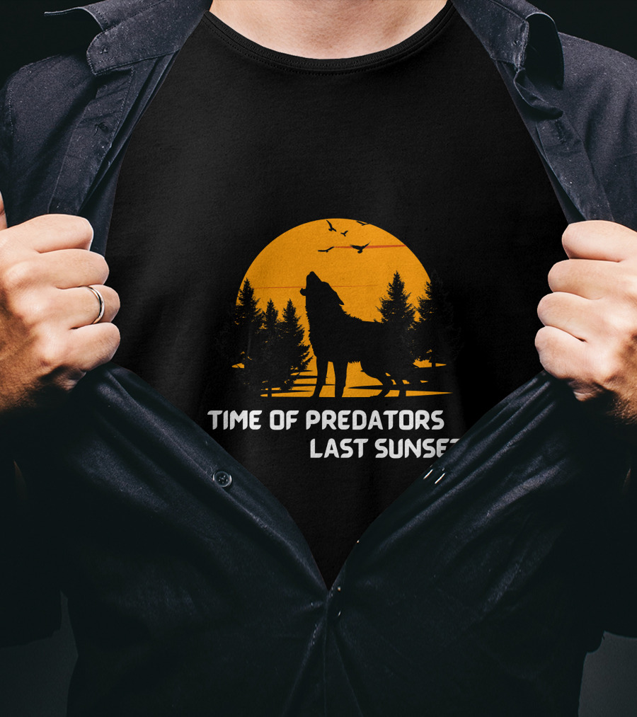 Time Of Predators Last Sunset Wolf Silhouette Against Orange Sky With Trees And Birds T-Shirt
