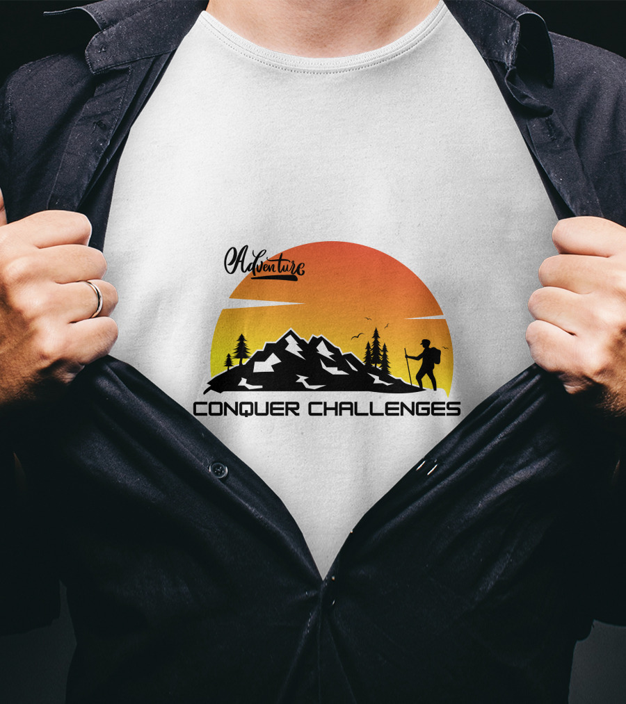 Adventure Conquer Challenges Mountain Hiking Silhouette Sunset Scene T-Shirt