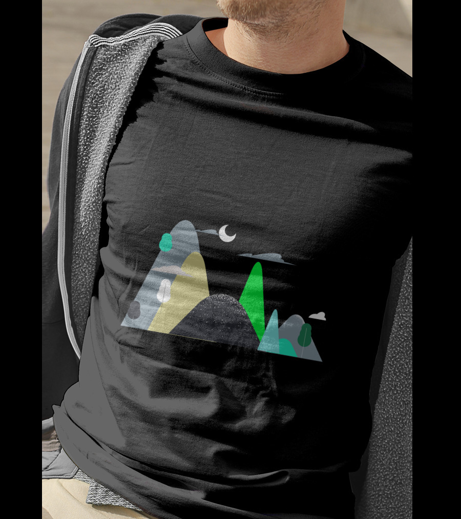 Mountains Moon Night Scene With Trees And Clouds T-Shirt