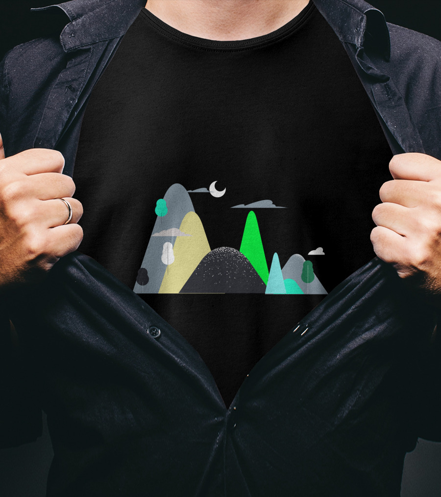 Mountains Moon Night Scene With Trees And Clouds T-Shirt