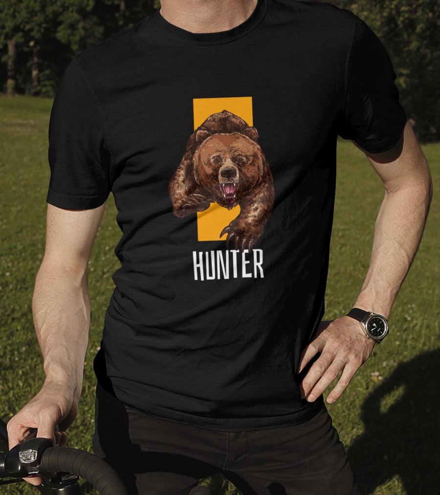Hunter Bear With Aggressive Roar On Vertical Yellow Stripe T-Shirt