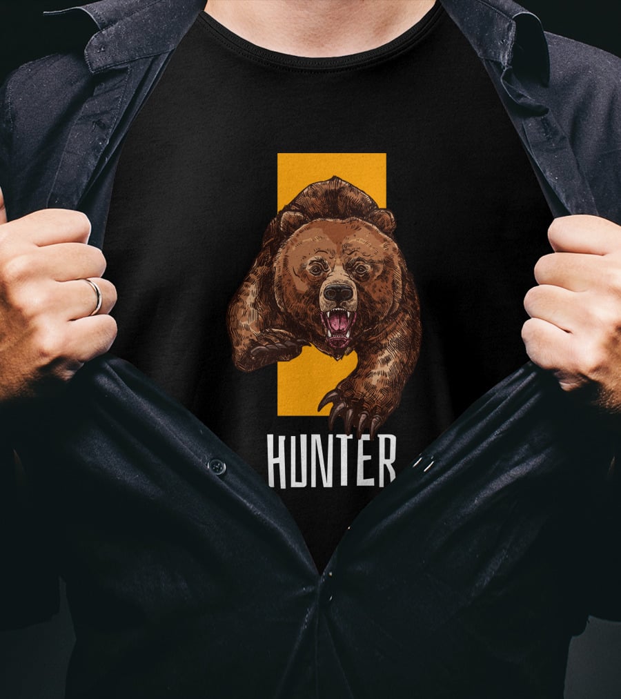 Hunter Bear With Aggressive Roar On Vertical Yellow Stripe T-Shirt
