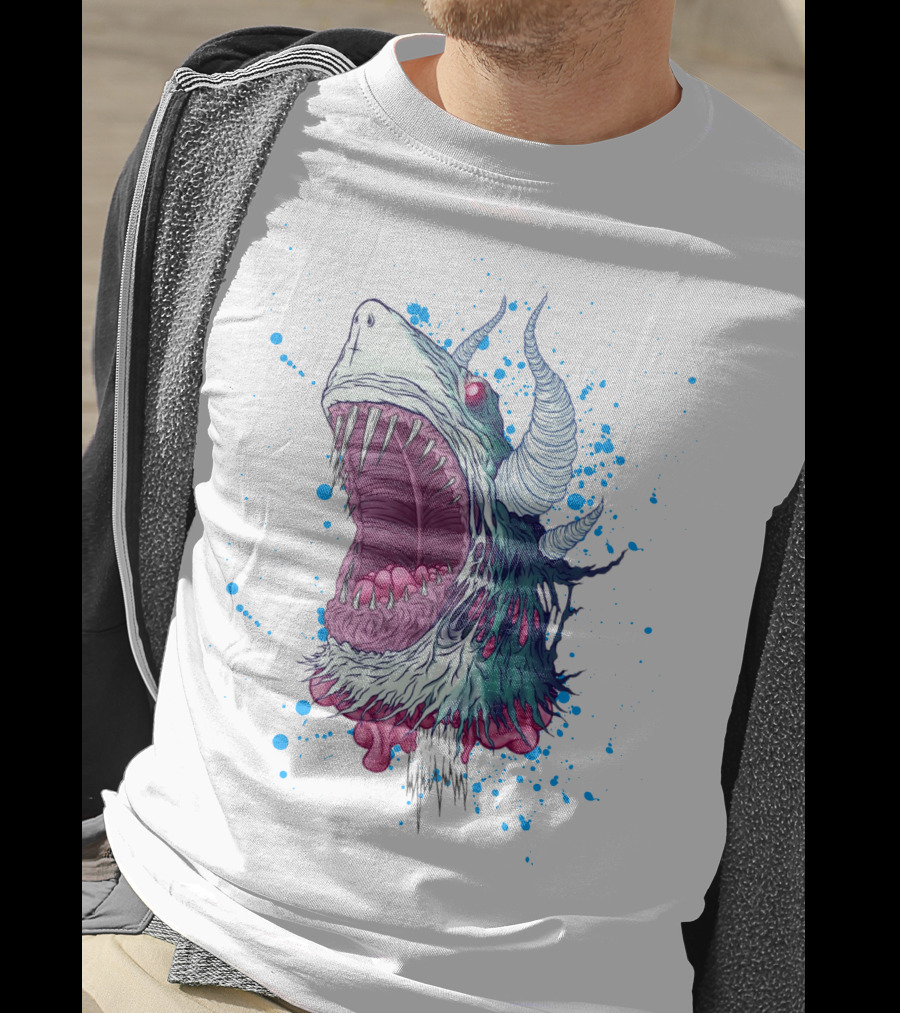 Monster Shark Scream With Horns And Splatter T-Shirt