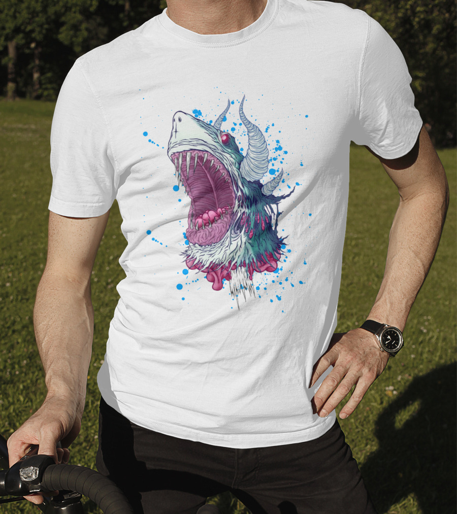 Monster Shark Scream With Horns And Splatter T-Shirt