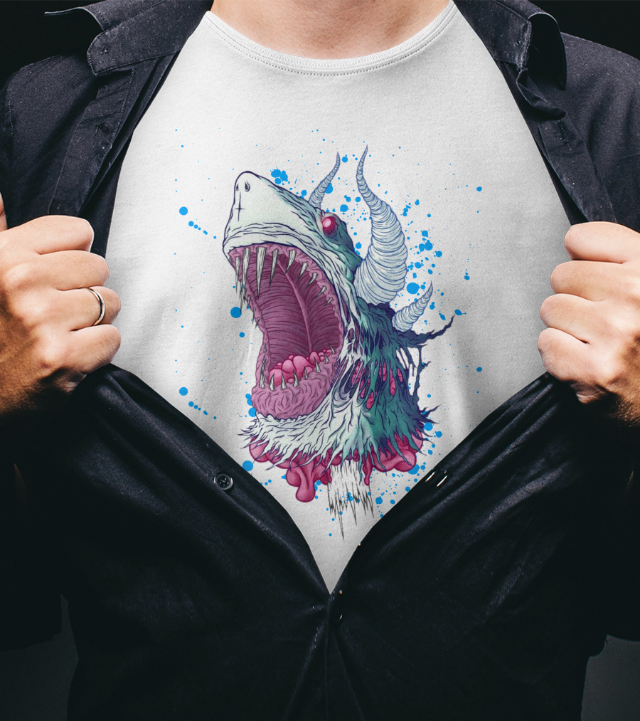 Monster Shark Scream With Horns And Splatter T-Shirt