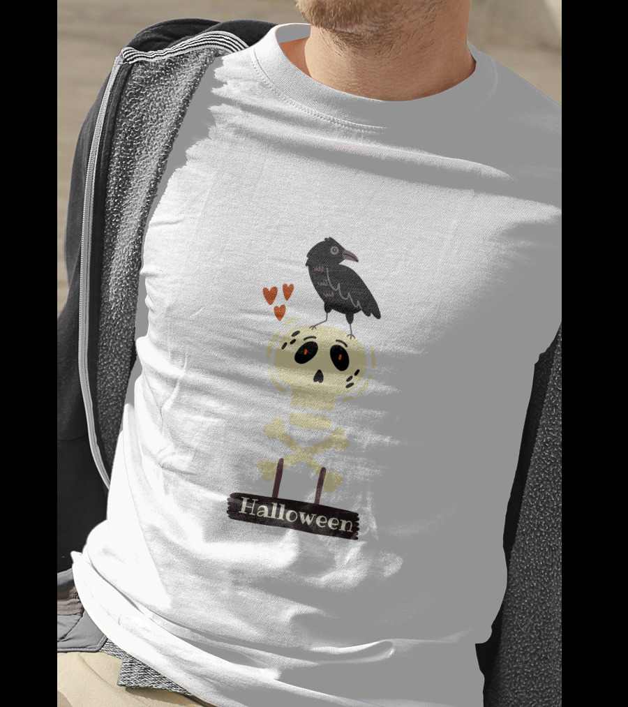 Halloween Skeleton Skull With Raven And Hearts T-Shirt