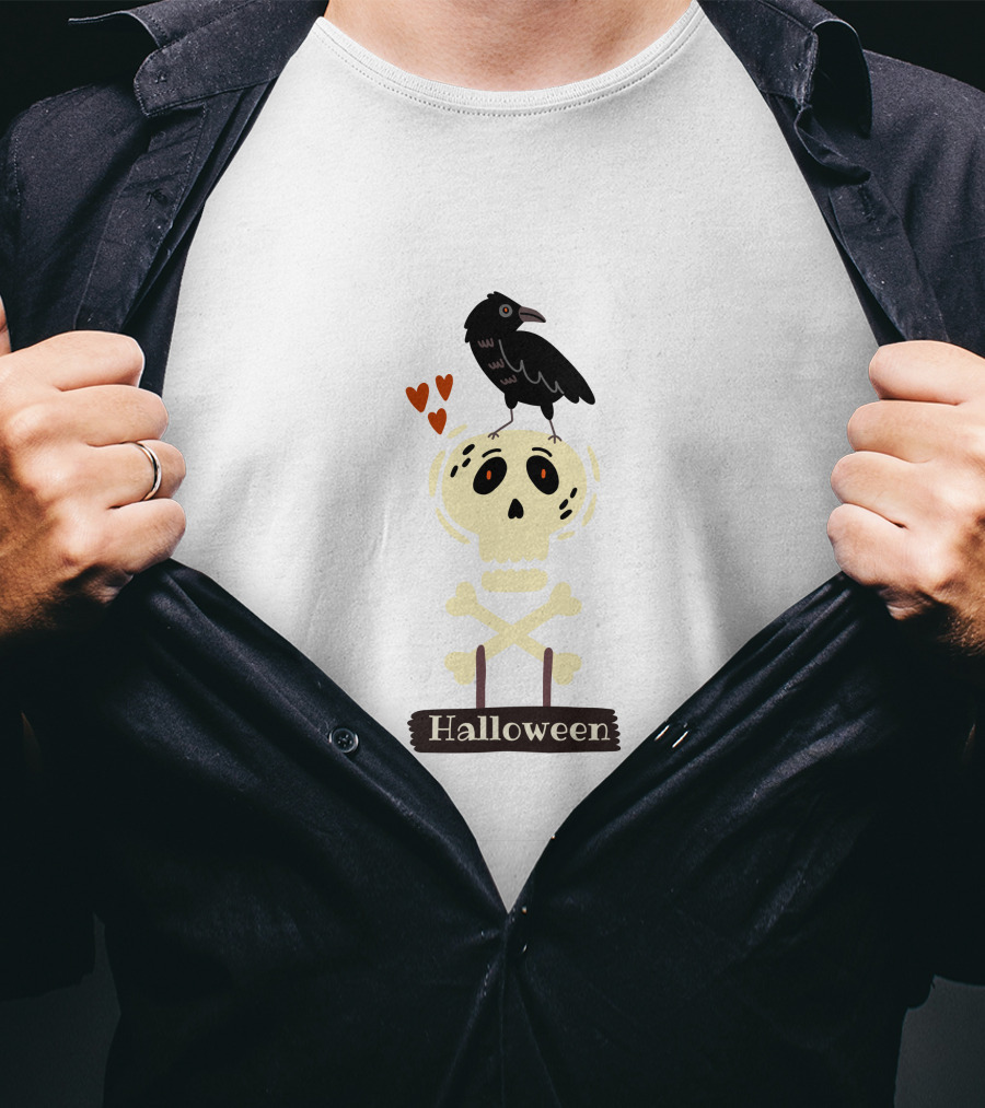 Halloween Skeleton Skull With Raven And Hearts T-Shirt