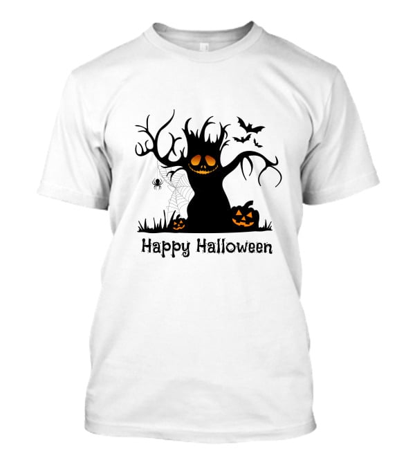 Happy Halloween Tree With Pumpkins, Bats, And Spiderweb T-Shirt