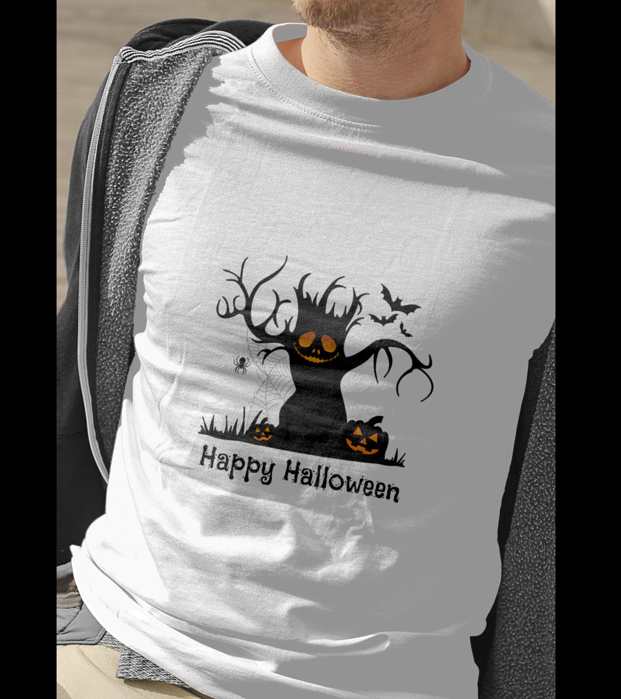 Happy Halloween Tree With Pumpkins, Bats, And Spiderweb T-Shirt
