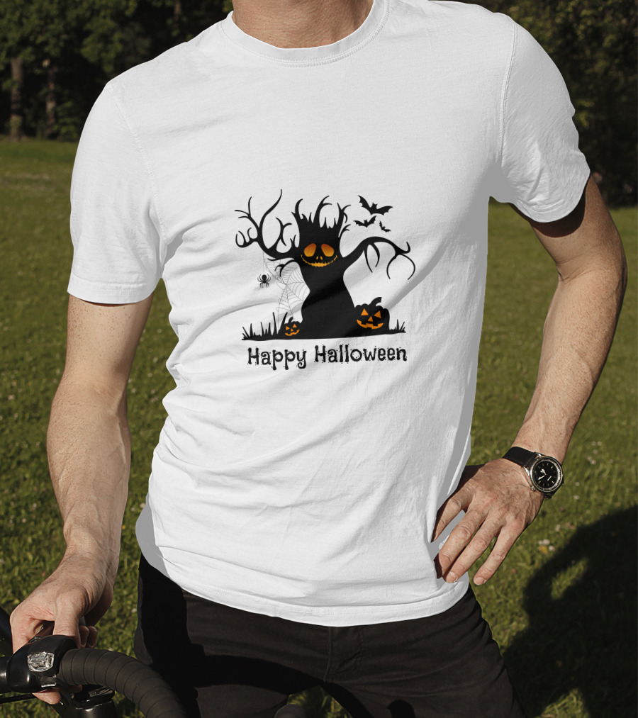 Happy Halloween Tree With Pumpkins, Bats, And Spiderweb T-Shirt