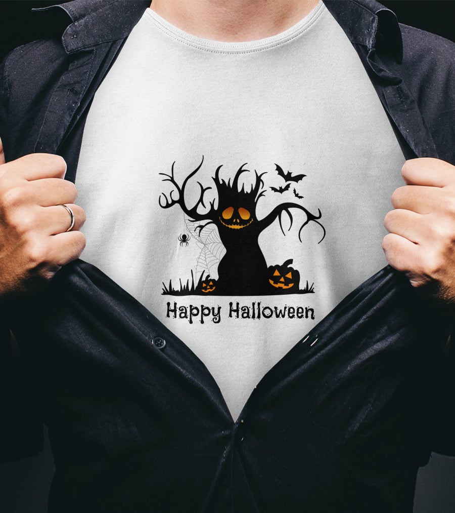 Happy Halloween Tree With Pumpkins, Bats, And Spiderweb T-Shirt