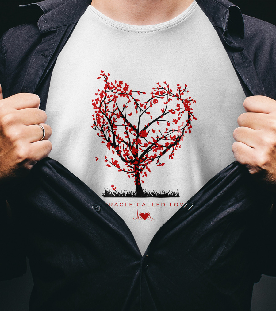 Miracle Called Love Heart-Shaped Tree With Red Leaves And Heartbeat T-Shirt