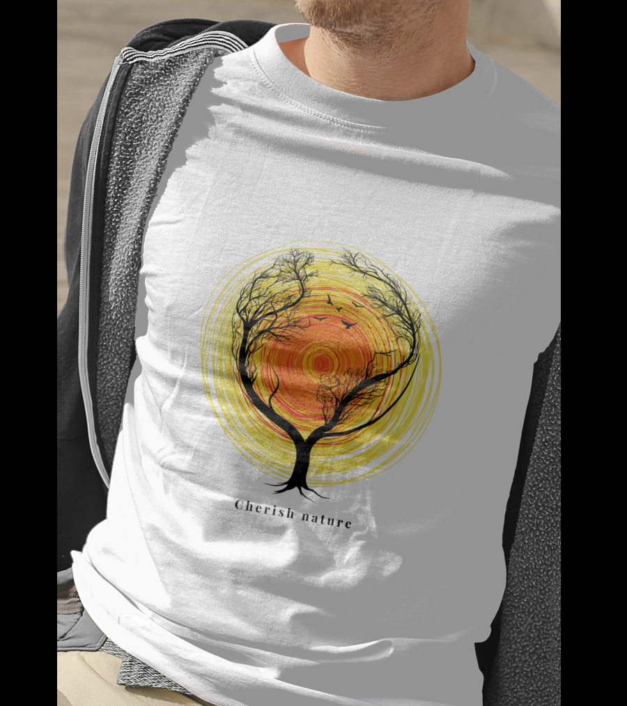 Cherish Nature Tree Silhouette With Birds And Vibrant Spiral Sun T-Shirt