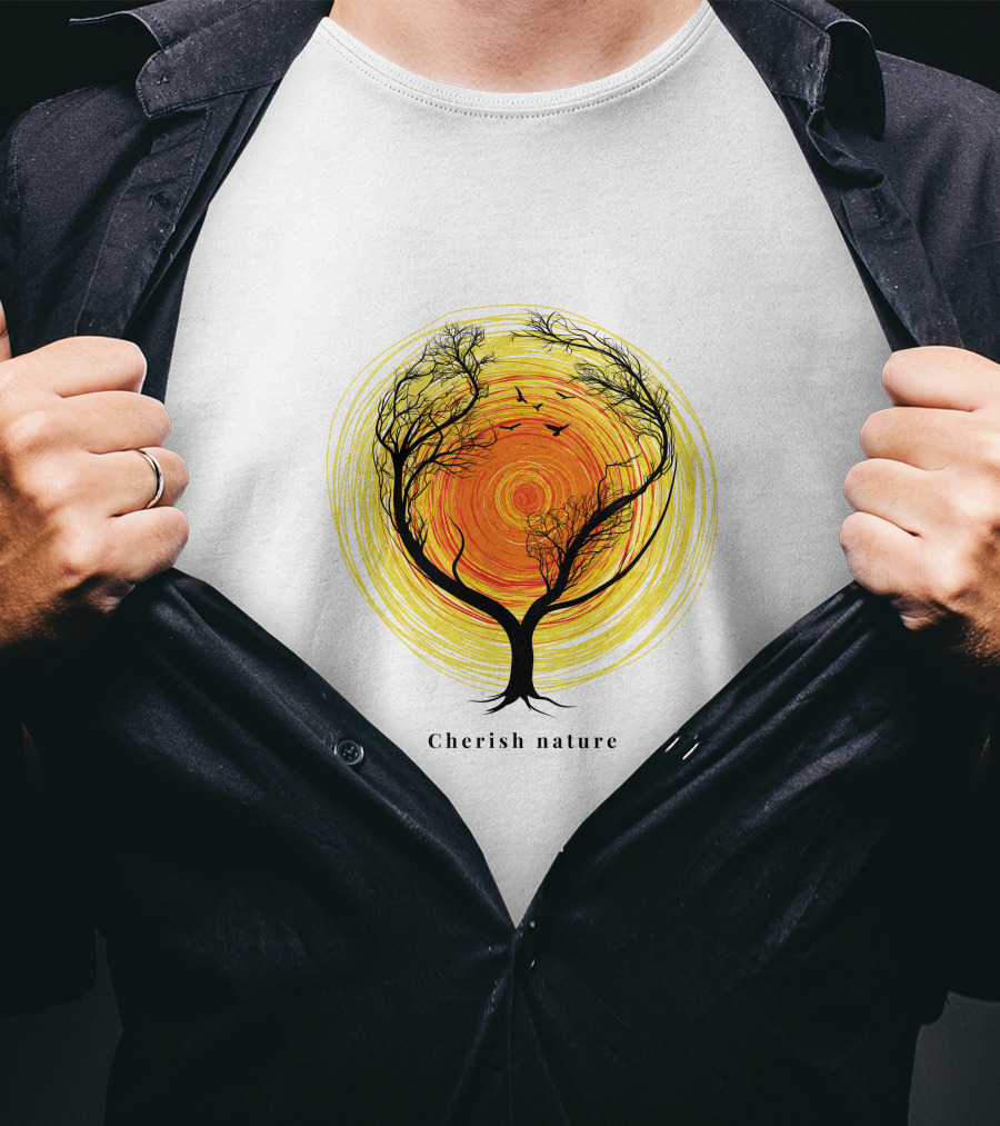 Cherish Nature Tree Silhouette With Birds And Vibrant Spiral Sun T-Shirt