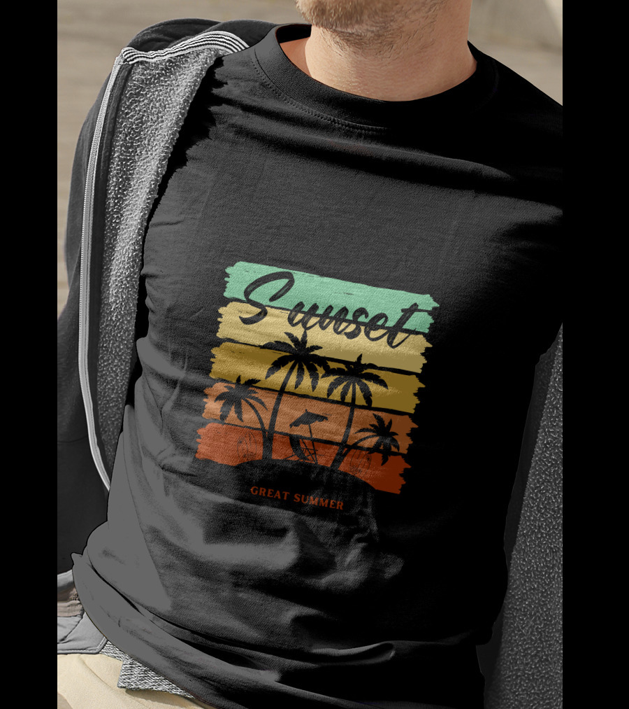 Sunset Great Summer Palm Trees Beach Scene T-Shirt