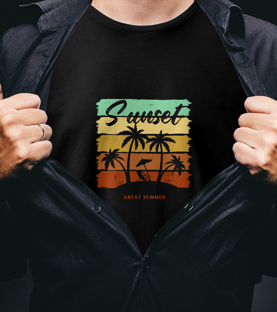 Sunset Great Summer Palm Trees Beach Scene T-Shirt