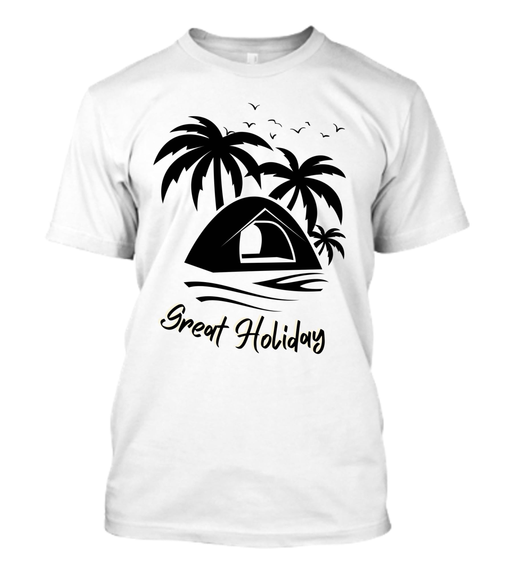Great Holiday Camping Beach Tent Palm Trees Seagulls T-Shirt