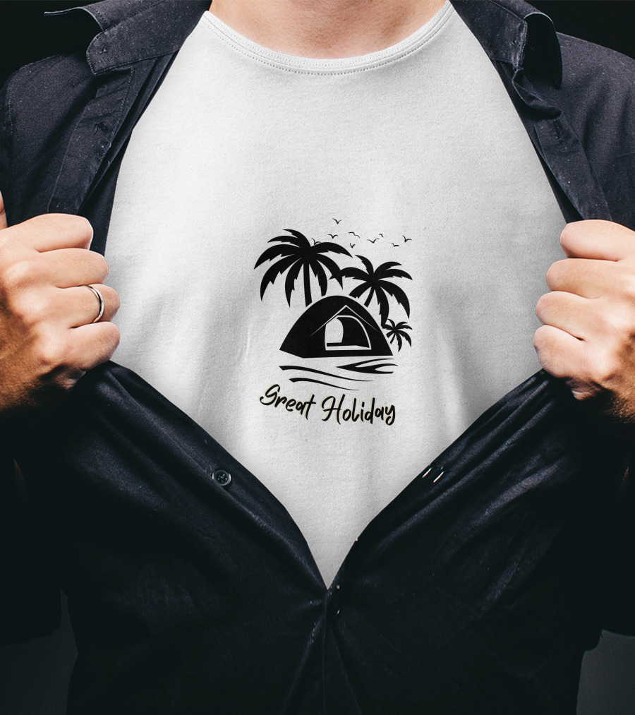 Great Holiday Camping Beach Tent Palm Trees Seagulls T-Shirt