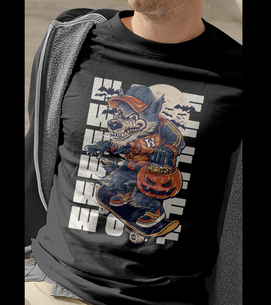 Wolf Trick-or-Treat Skateboarder With Pumpkin And Moon T-Shirt