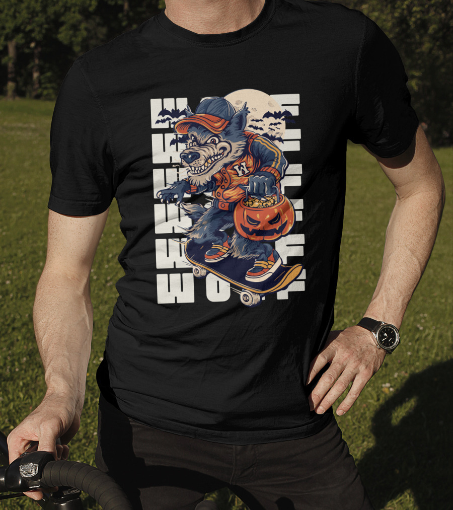 Wolf Trick-or-Treat Skateboarder With Pumpkin And Moon T-Shirt