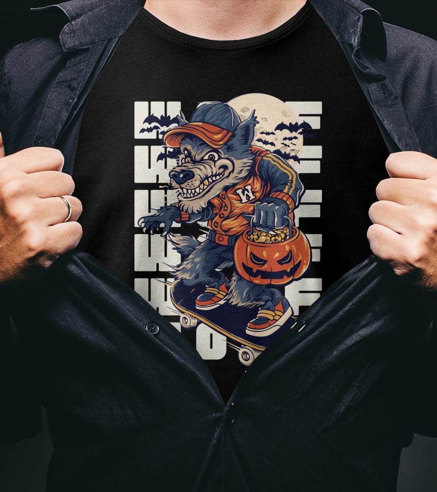 Wolf Trick-or-Treat Skateboarder With Pumpkin And Moon T-Shirt