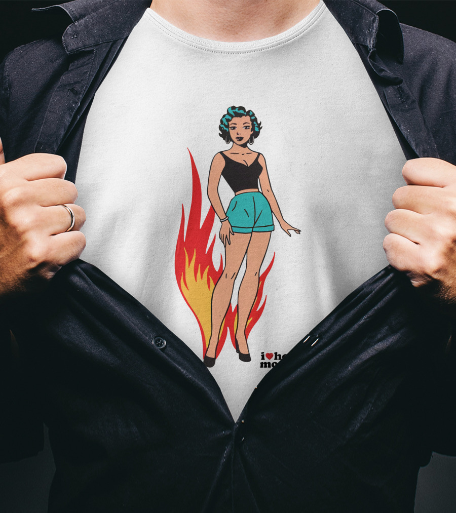 I Heart Hot Moms Vintage Comic Style Flame Background T-Shirt