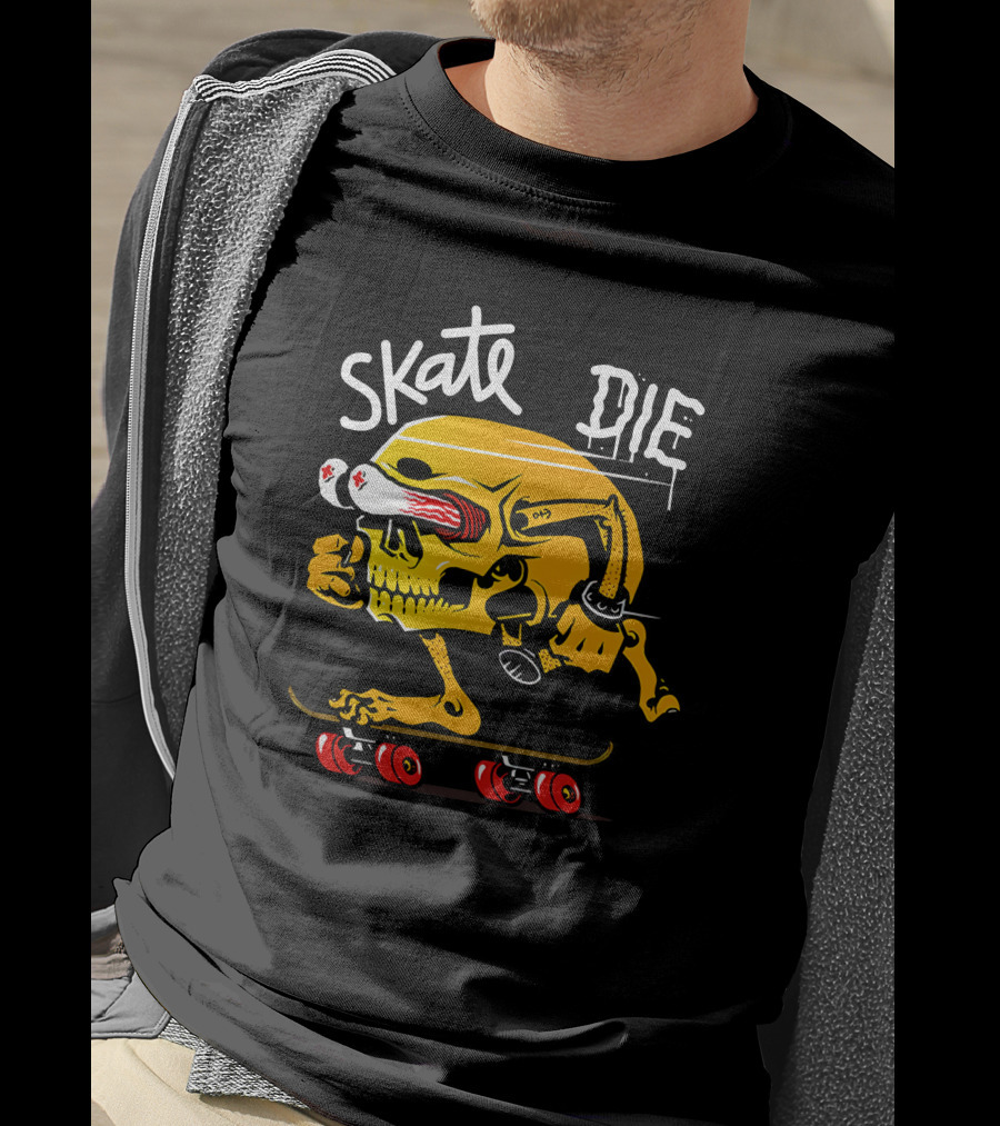 Skate Or Die Thrill-Seeking Skull On Skateboard T-Shirt