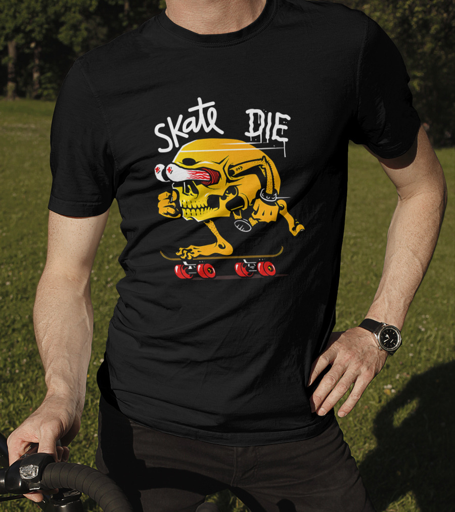 Skate Or Die Thrill-Seeking Skull On Skateboard T-Shirt