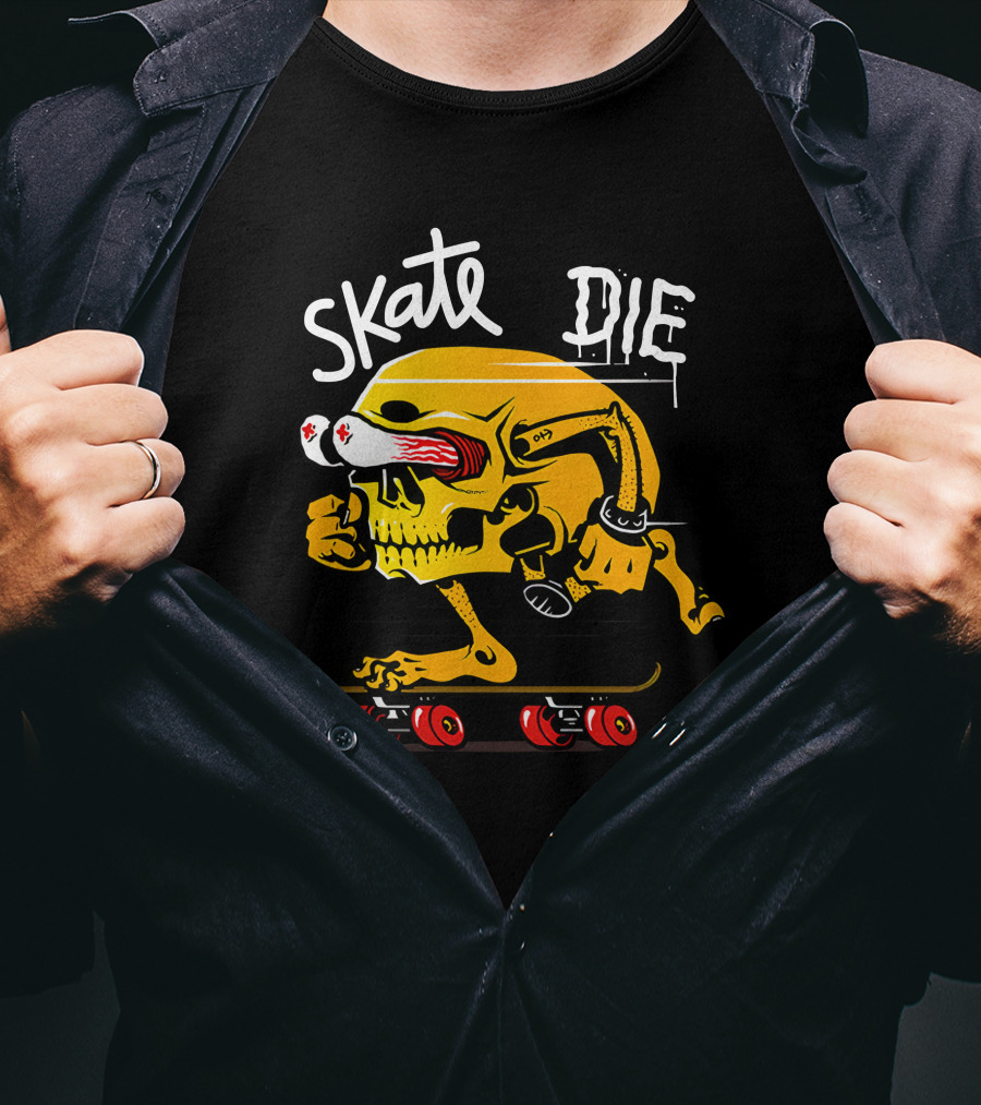 Skate Or Die Thrill-Seeking Skull On Skateboard T-Shirt