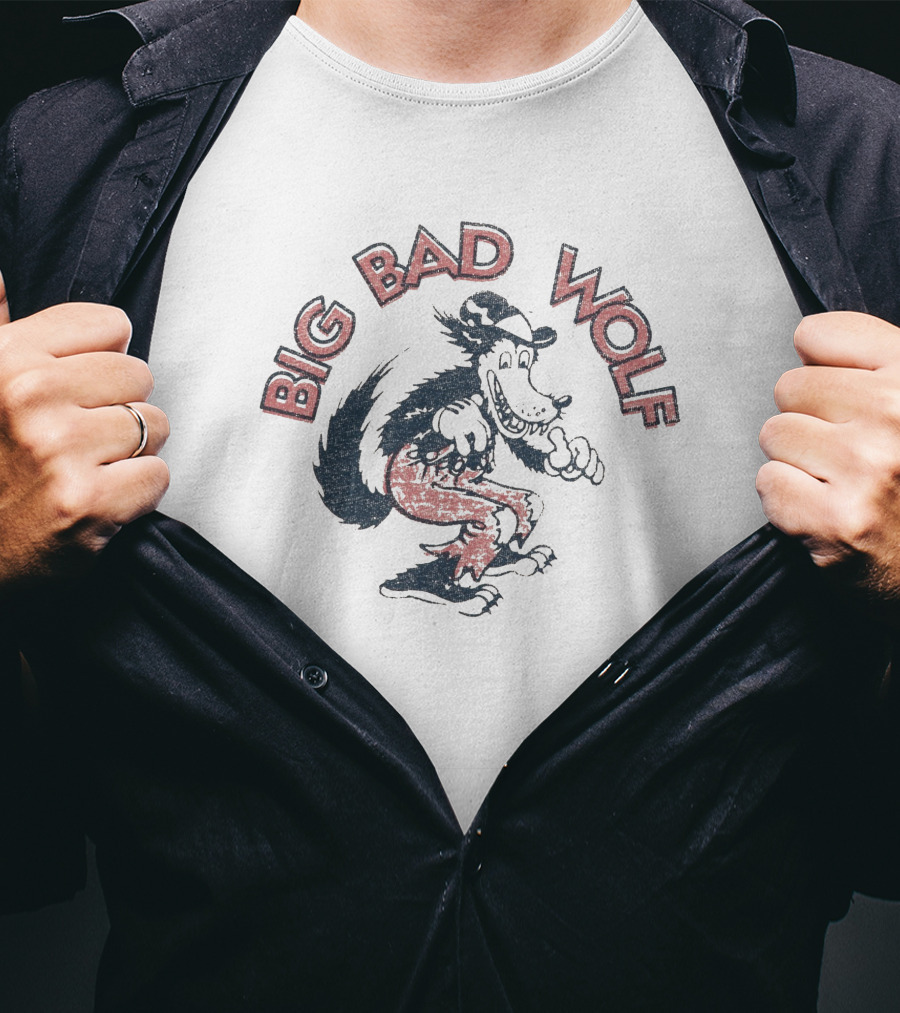 Big Bad Wolf Cartoon Character Walking In Red Pants And Hat T-Shirt